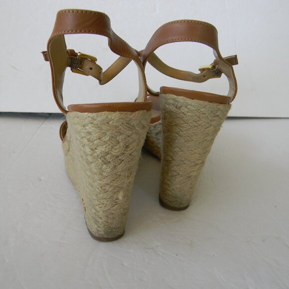 MICHAEL KORS JILL NATURAL TAN LEATHER ANKLE STRAP WEGE ESPADRILLE HEELS SZ 7M - Picture 4 of 6